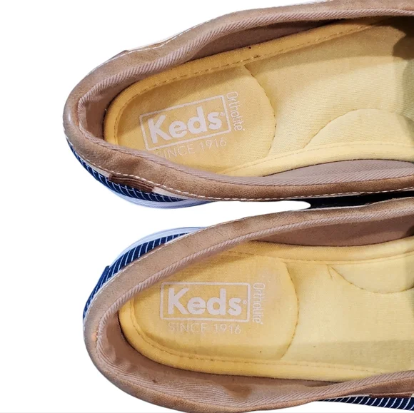 Keds Ortholite Navy White Tan Striped Loafers Shoes Laces Size 8.5 - Picture 10 of 12
